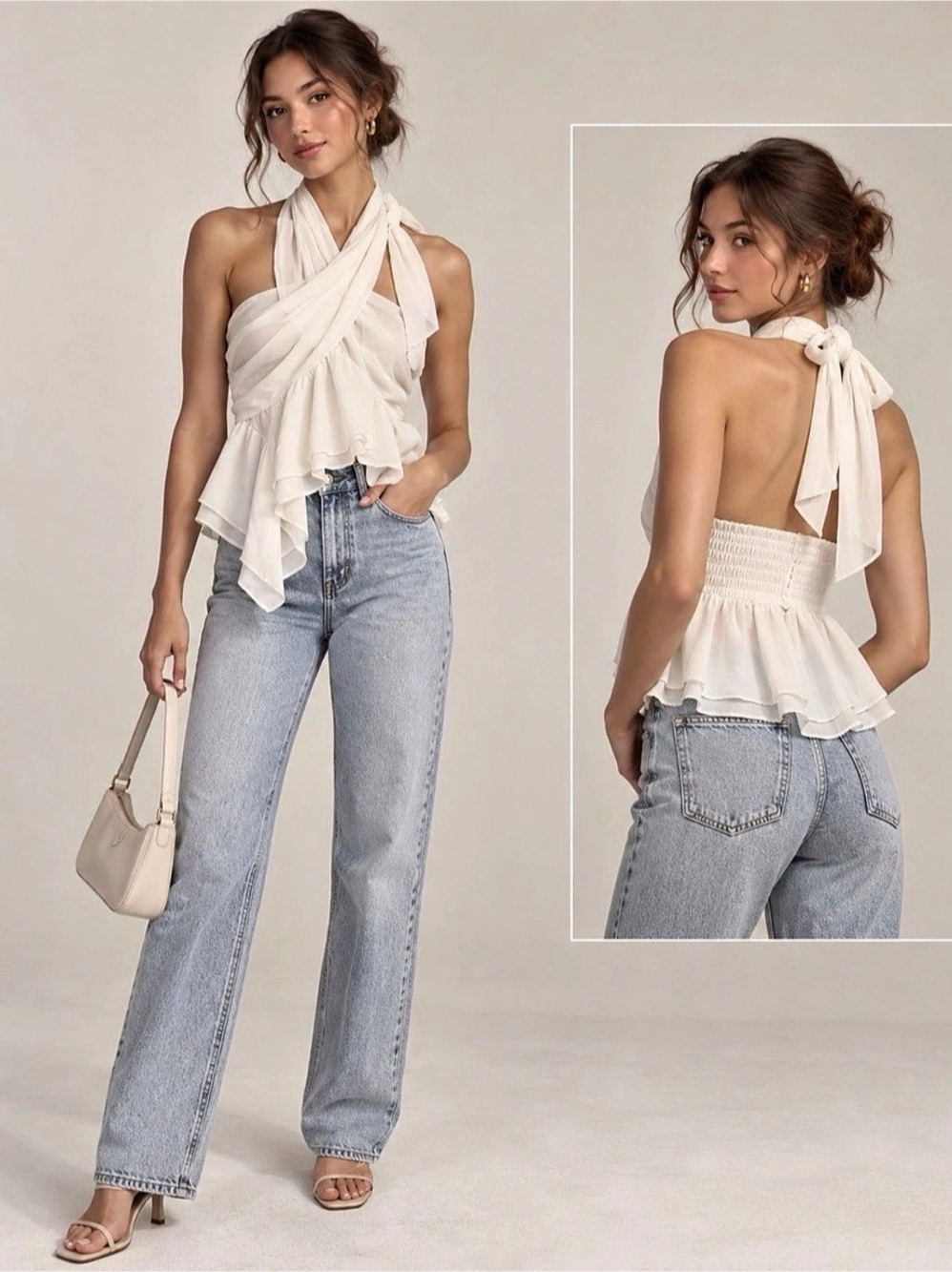 DO+BE Halter Ruffle Blouse in White Like New